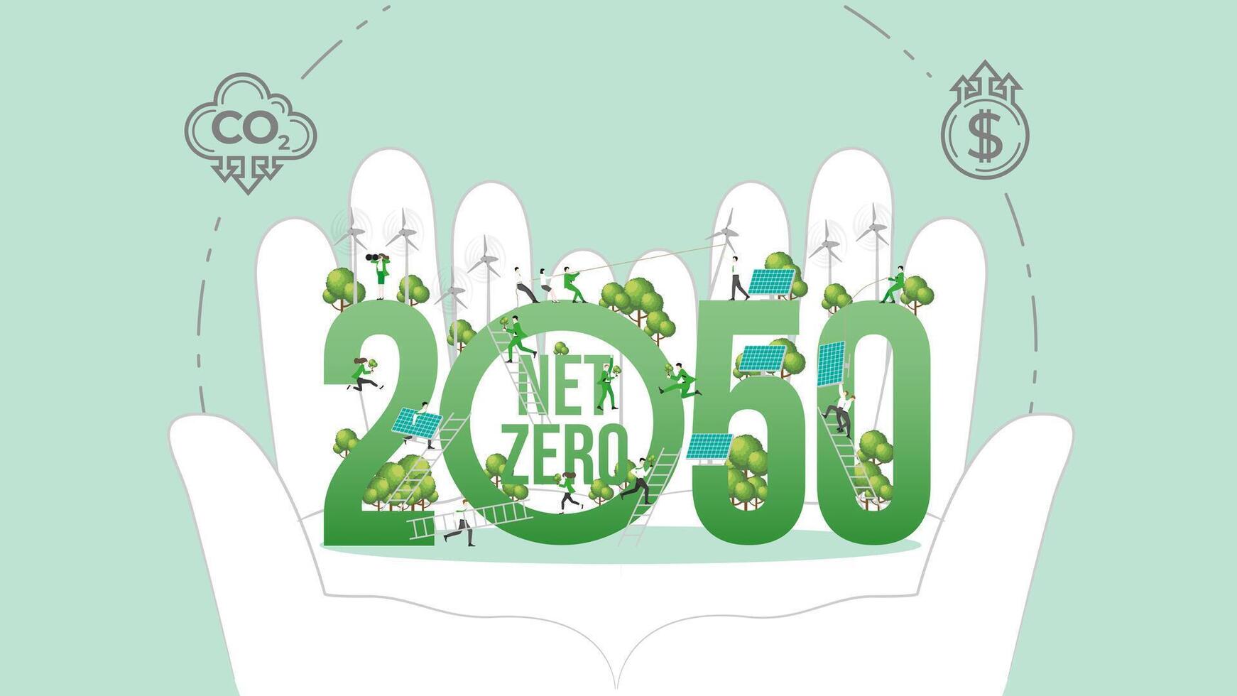 ESG policy in hands. Carbon credit calculate from reduce carbon footprint and carbon dioxide to Net Zero Goal in 2050. vector