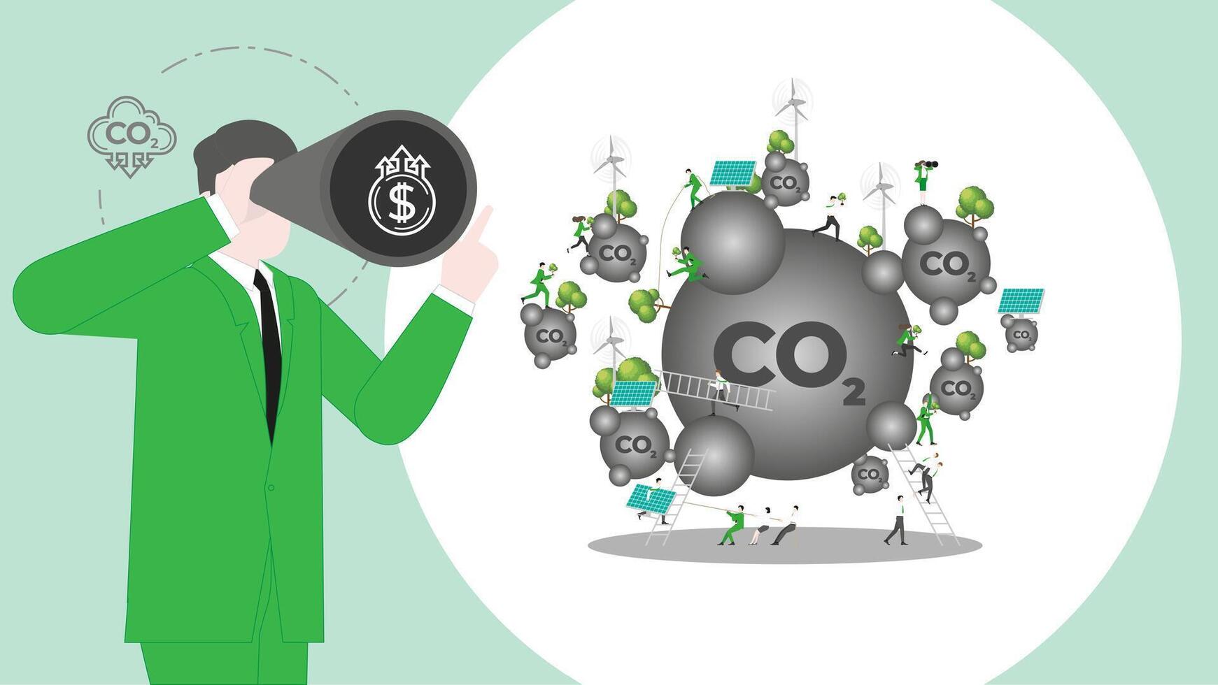 ESG sustainability business visionary. Carbon credit vision from reduce carbon footprint and carbon dioxide to carbon offset. Vision of CO2 vector