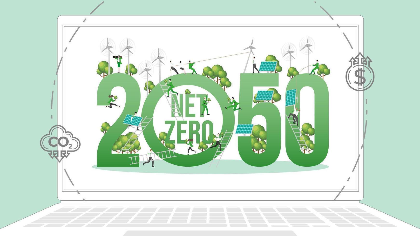 ESG business policy in laptop. Carbon credit calculate from reduce carbon footprint and carbon dioxide to net zero goal in 2050. vector