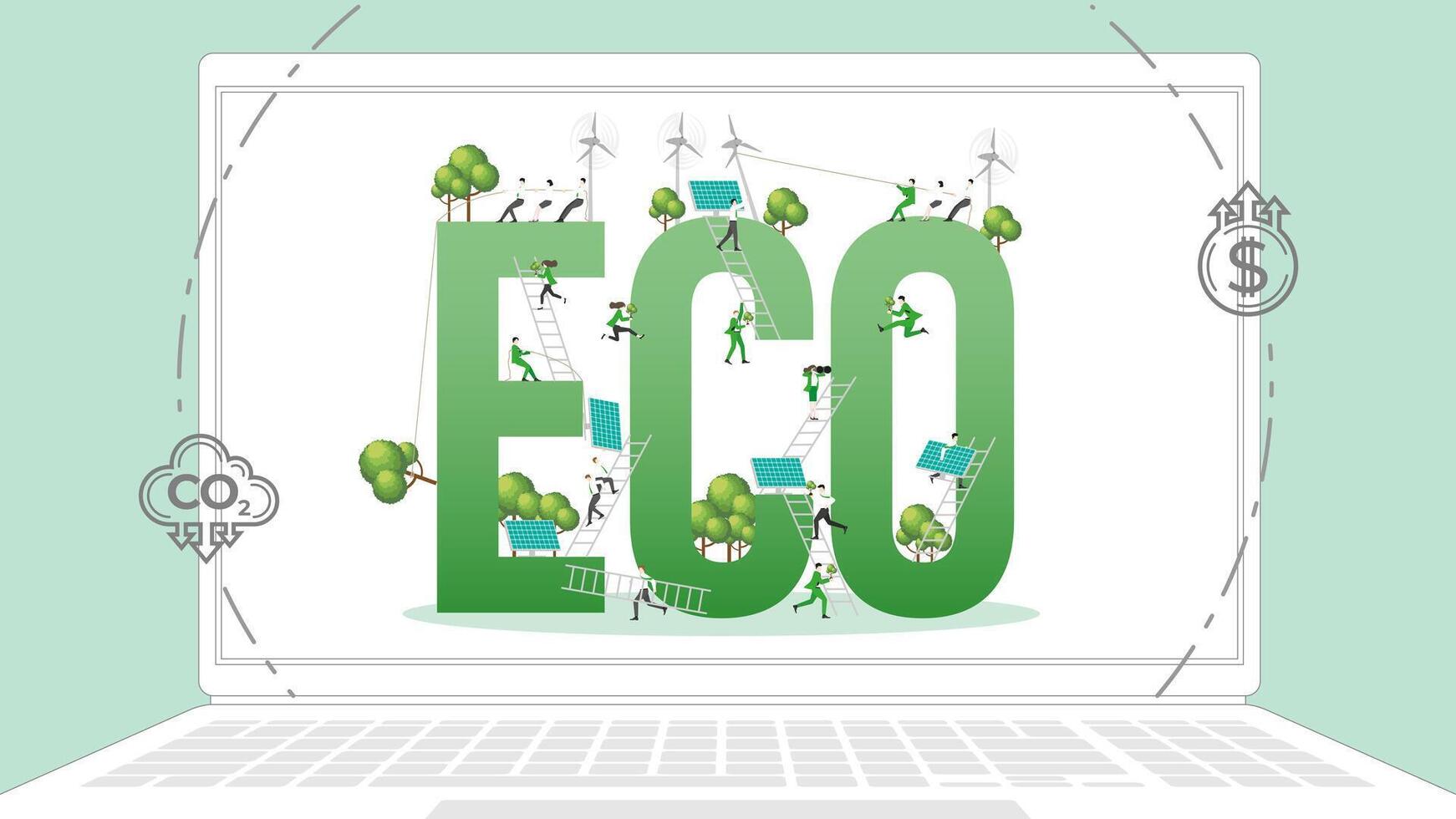 ESG sustainability business policy. Carbon credit calculate from reduce carbon footprint and carbon dioxide to carbon offset. Laptop computer notebook with ECO on desktop. vector