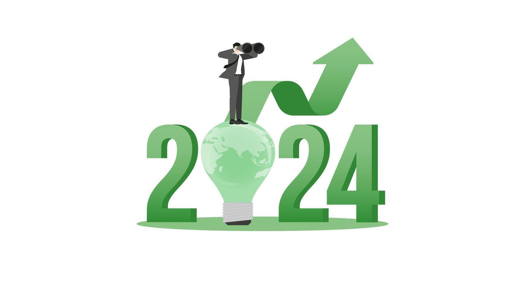 Vision businessman uses binoculars on 2024 and the world light bulb vector