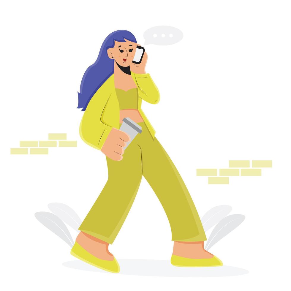 Illustration design of woman's walking while bringing a glass of coffee and calling on her phone vector