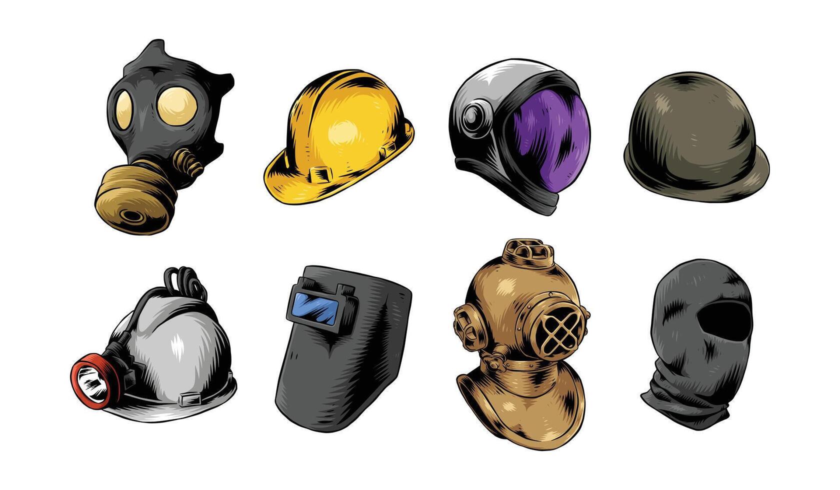 Set drawing of helmet and mask. Isolated on white background. Engraving hand drawn colored illustration. vector