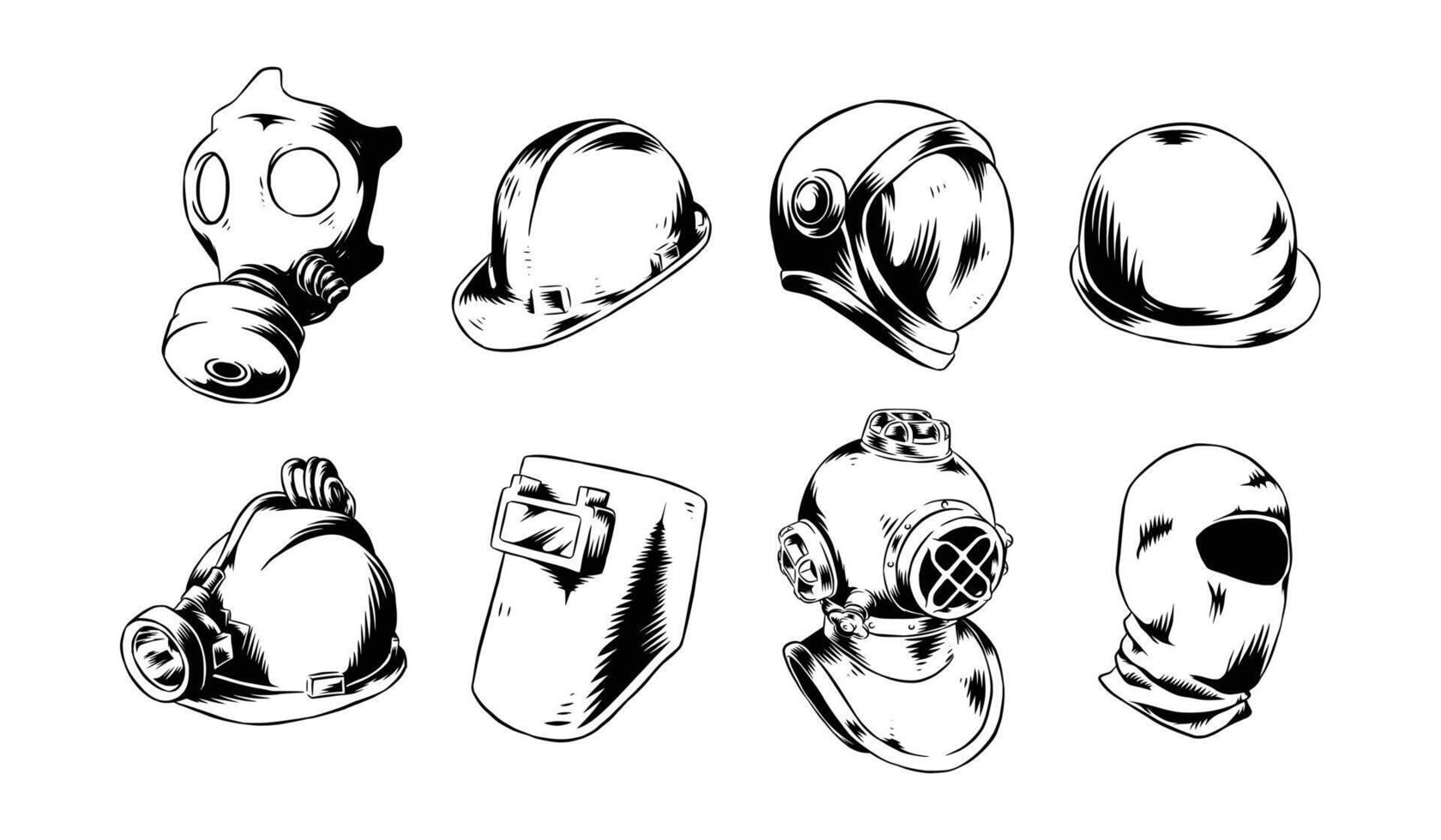 Set drawing of helmet and mask. Isolated on white background. Engraving hand drawn illustration. vector