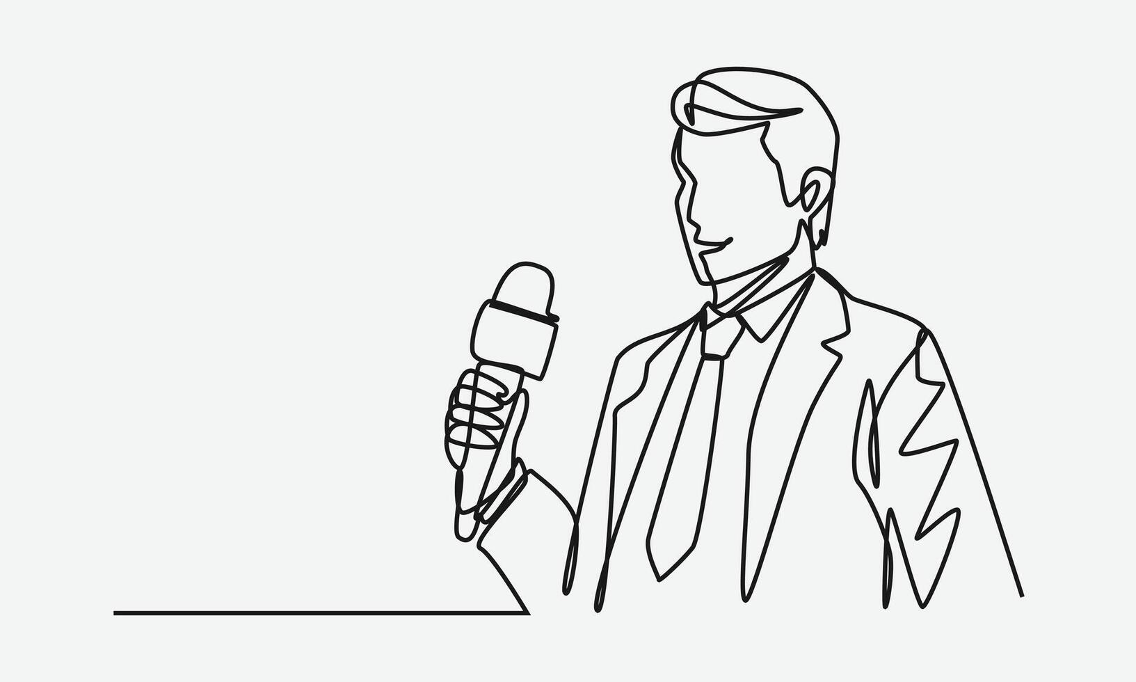 Continuous one line drawing of male reporter, journalist with a news microphone in hand. Isolated background. Graphic illustration. vector