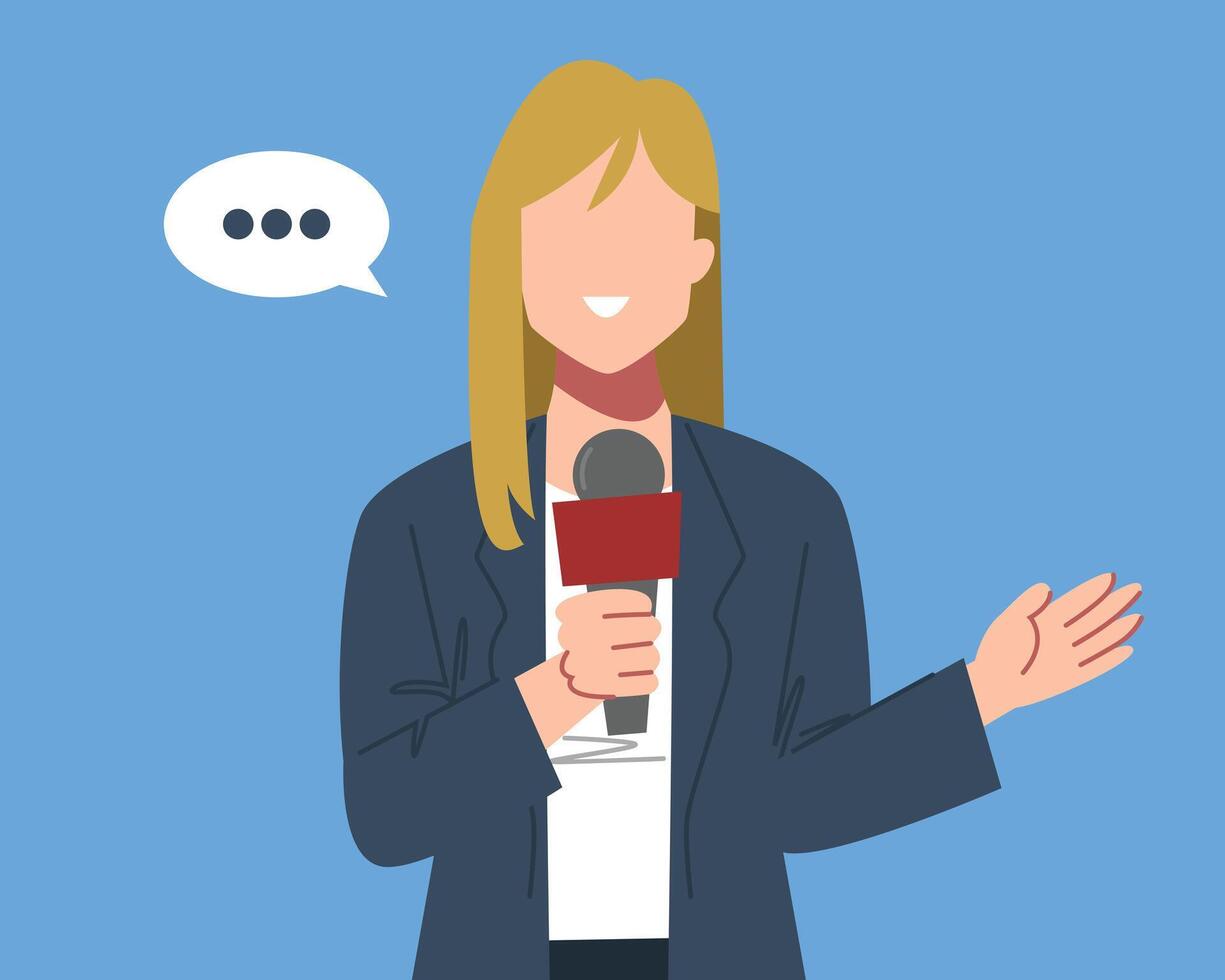 Female reporter, journalist is working with a news microphone in hand. Isolated on a blue background. Flat illustration. vector