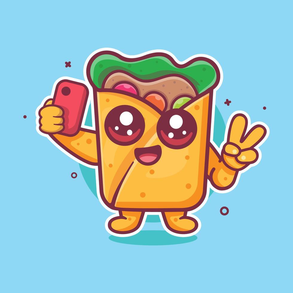 happy burrito food character mascot taking a selfie with a smartphone isolated cartoon vector