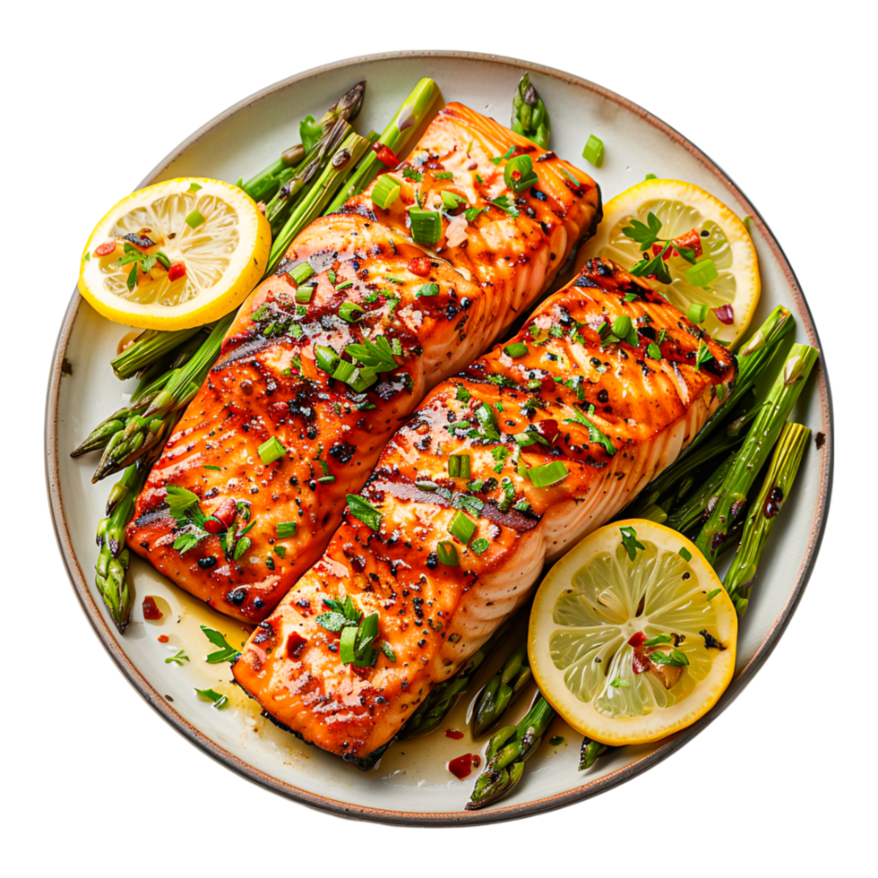 Grilled Salmon with Lemon and Asparagus Garnish png