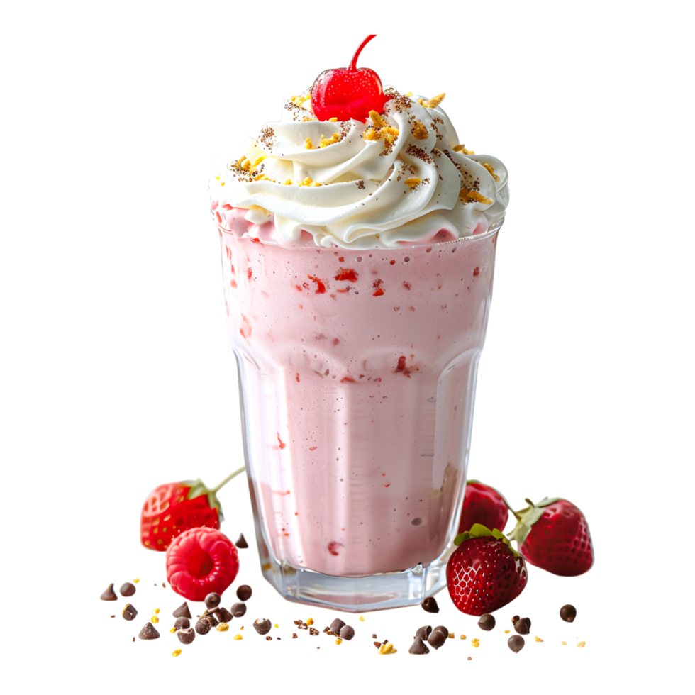 Delicious Strawberry Milkshake with Whipped Cream Topping png