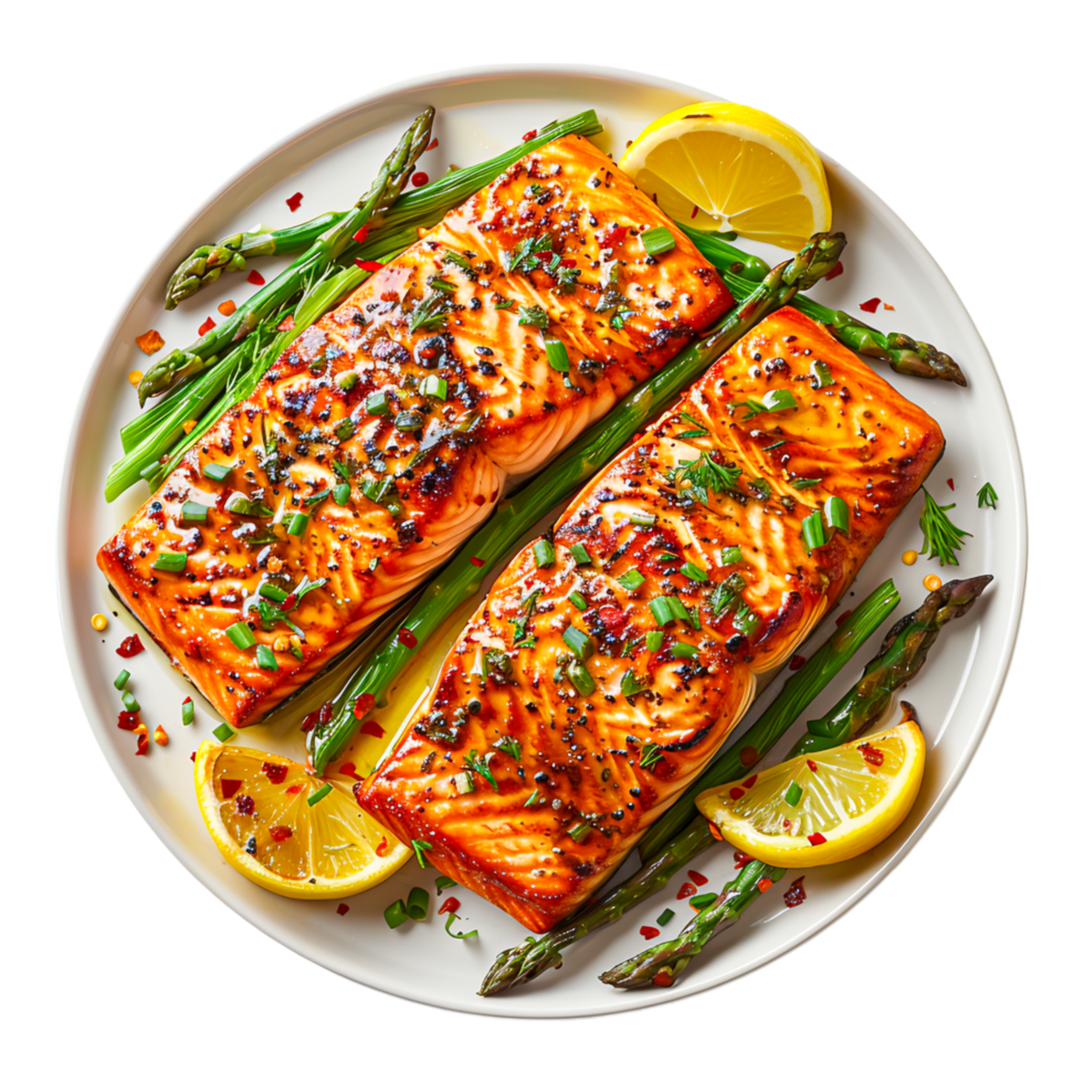 Grilled Salmon with Asparagus and Lemon Slices png