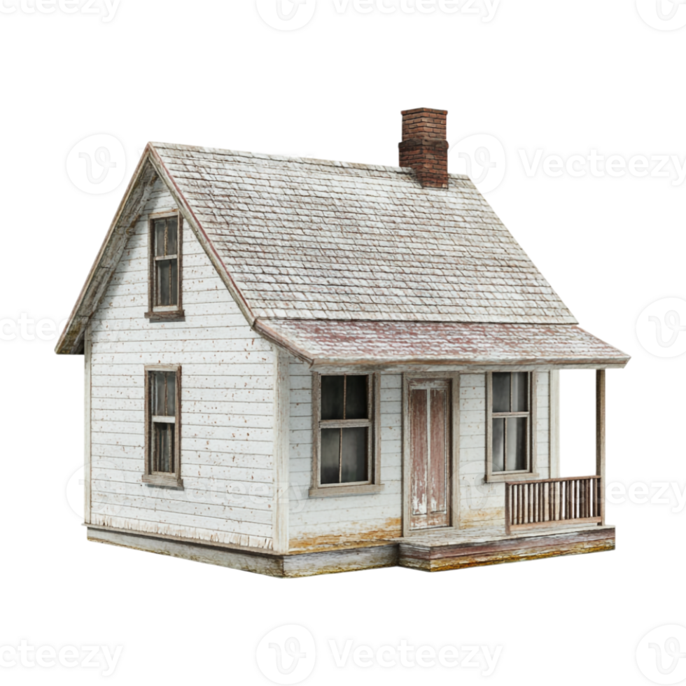 A small white house with a porch and a chimney png
