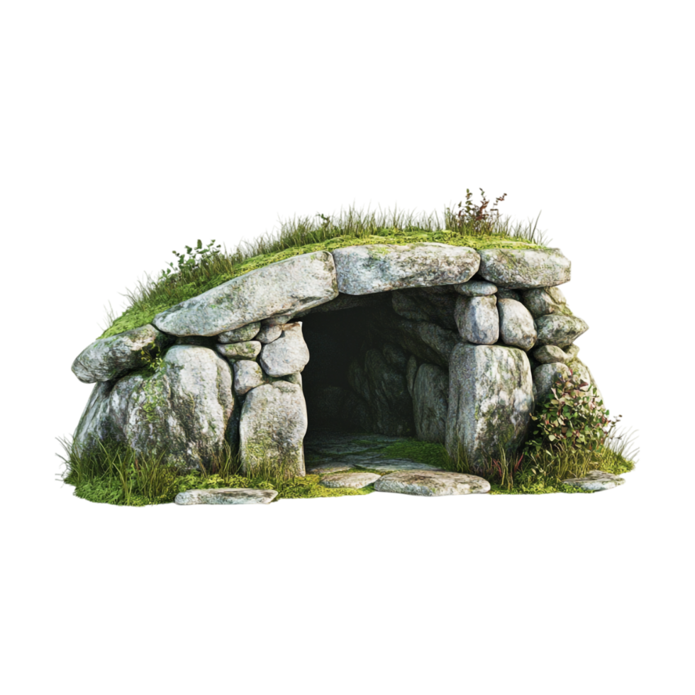 A stone cave with grass growing on it png