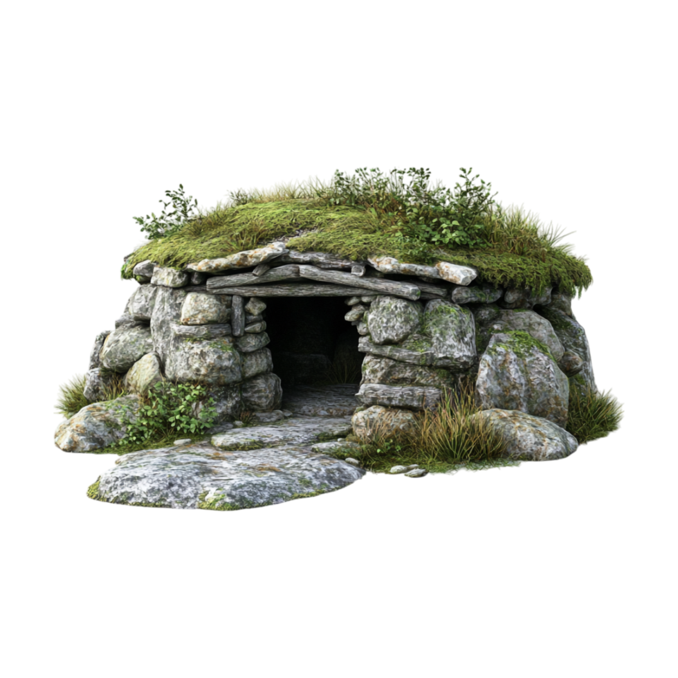A stone hut with grass growing on top of it png