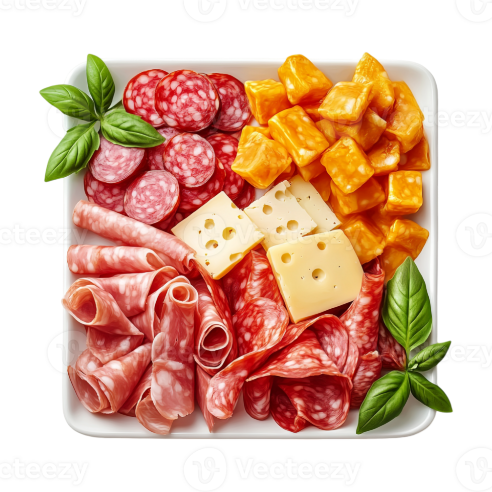 A plate with cheese, salami, and other meats png