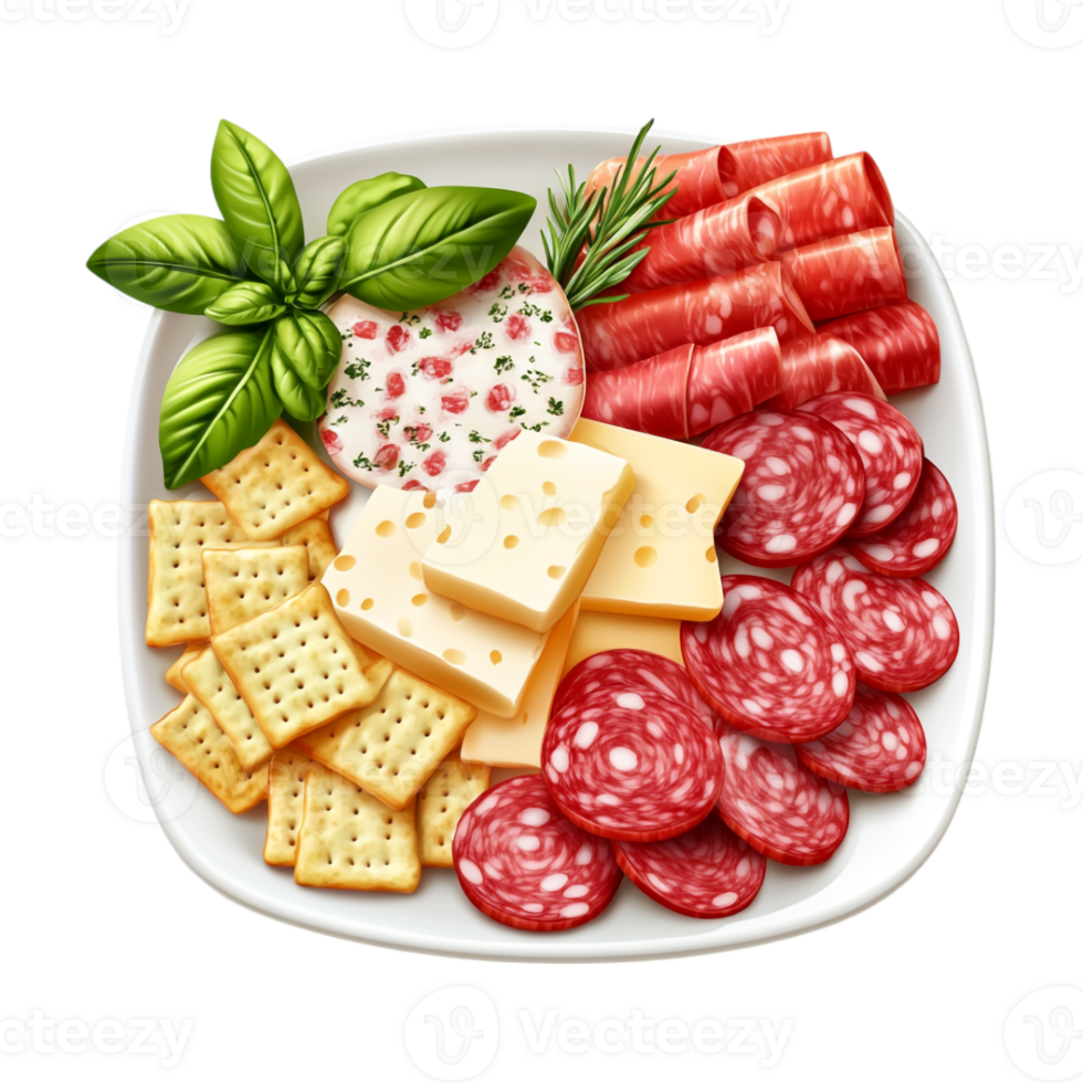 A plate with cheese, meat and crackers png
