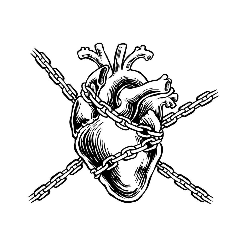 hand drawn black and white illustration of a heart wrapped around a chain vector