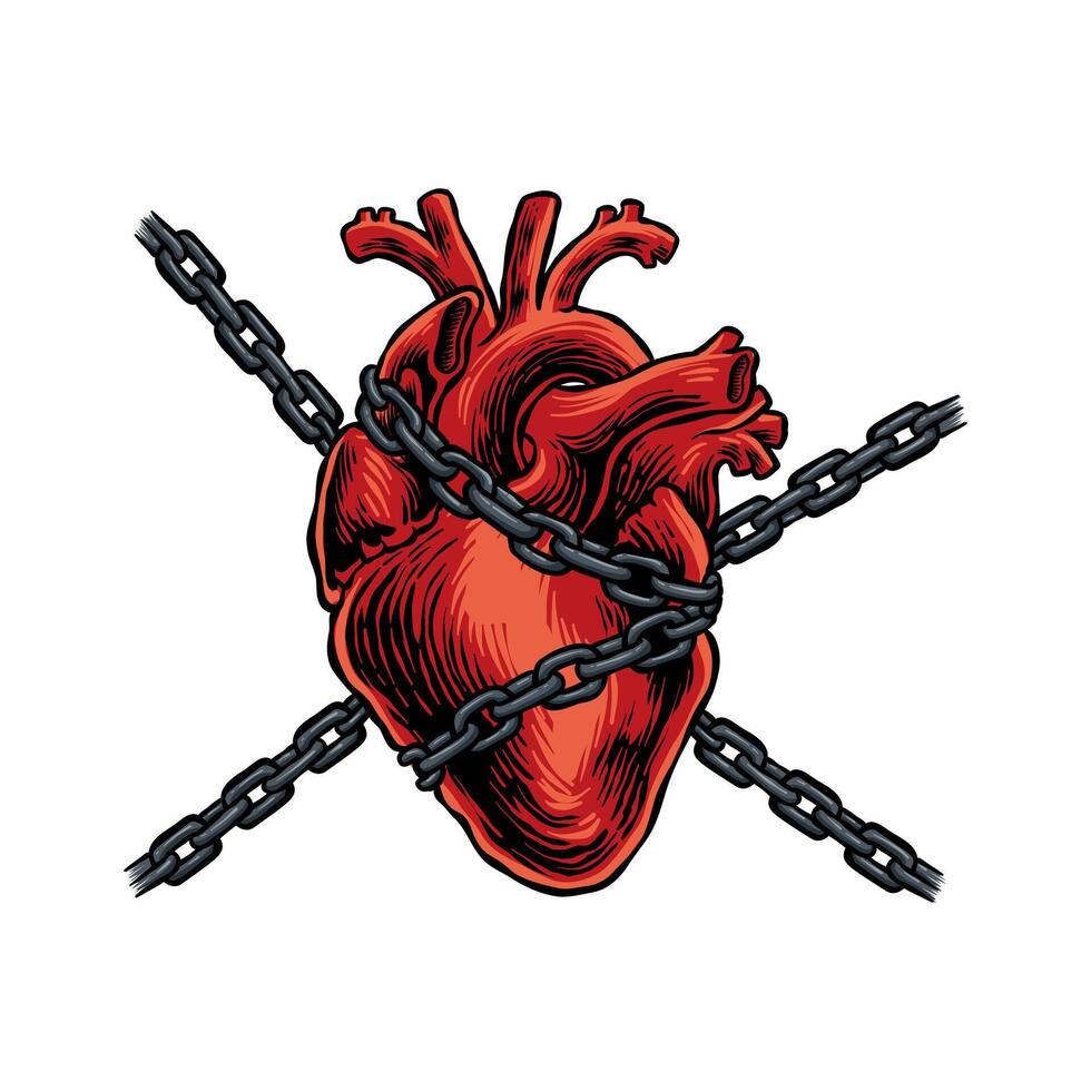 hand drawn illustration of a heart wrapped in a chain vector