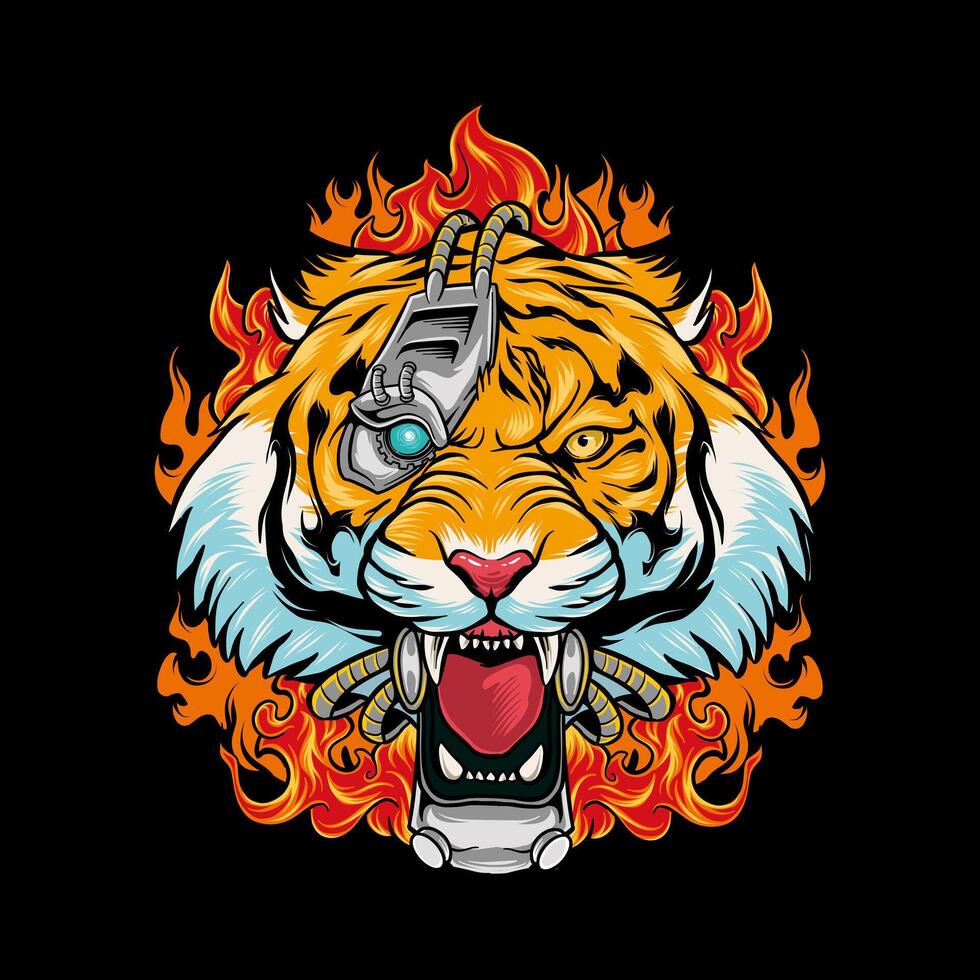 colored illustration of a machine tiger on a fire background vector