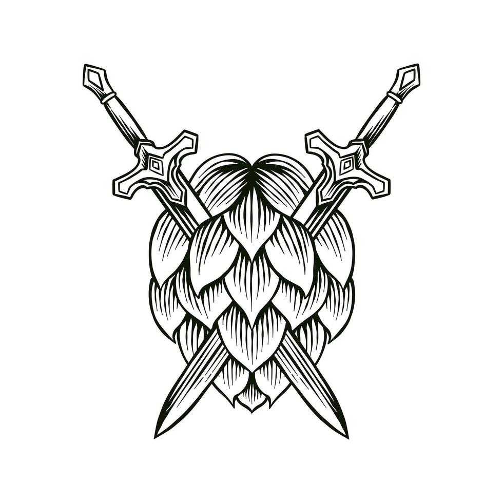 hand drawn hops and sword black and white illustration vector