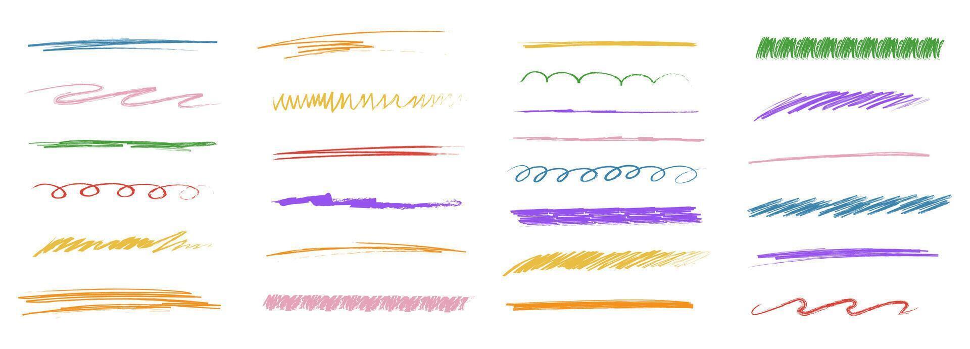 Chalk lines and squiggles, hand drawn doodle underlines thick line border, swoosh. Txtured sketchy crayon brush scribbles or wavy strokes vector