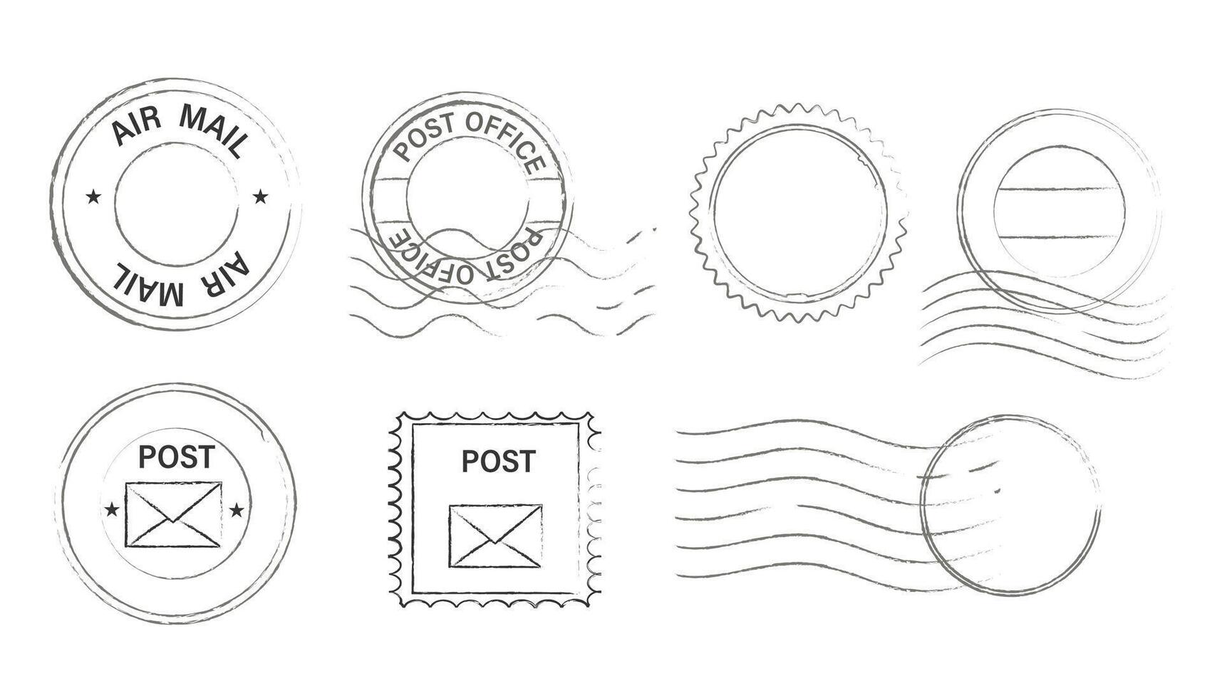 Postal stamps, seal and postmarks sign set. Empty mail delivery template. Paper mark symbol of correspondence, post, airmail. Wavy lines vector