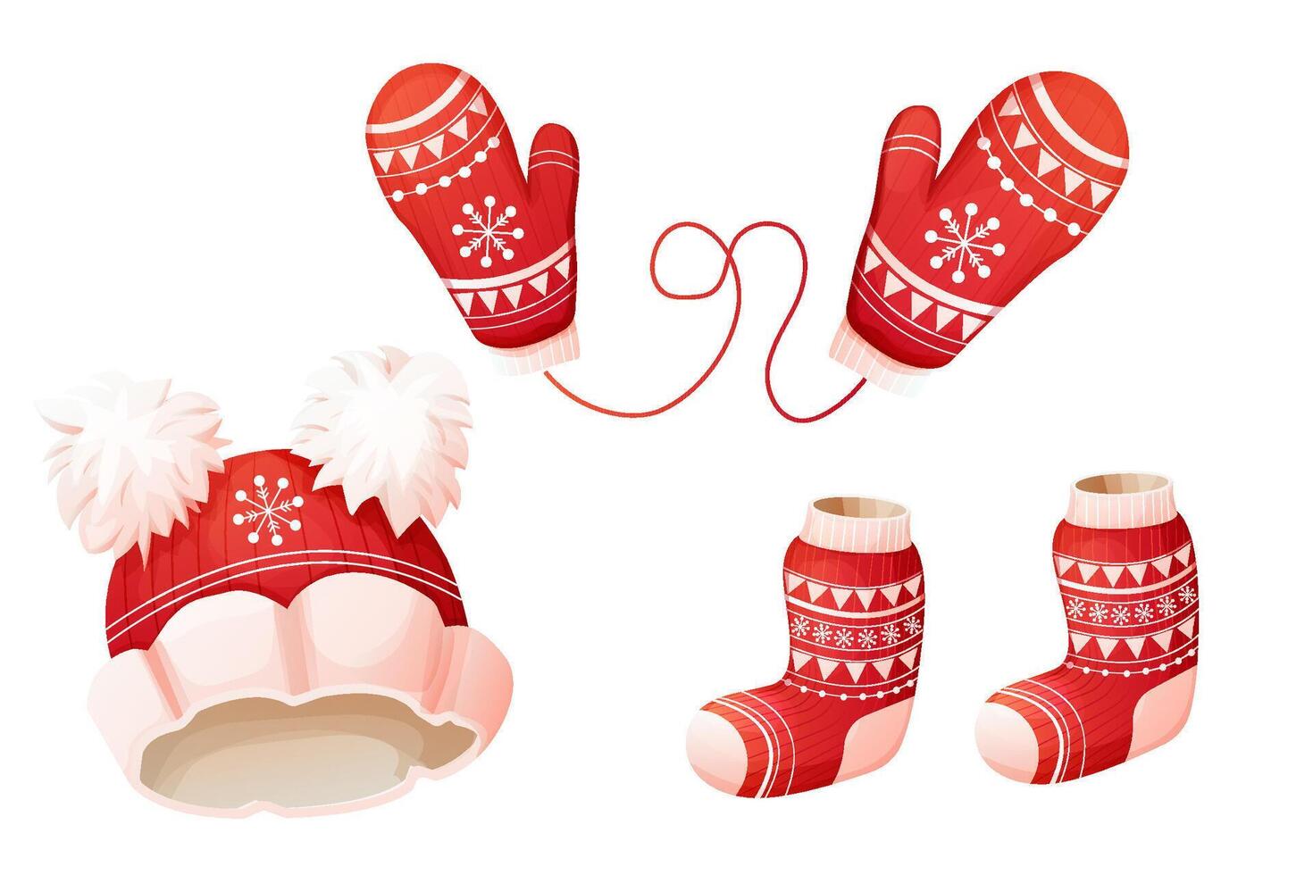 Set red knitted sock, hat and mittens with winter ornament , holiday accessory, winter clothes. Traditional woolen wear with snowflakes. vector