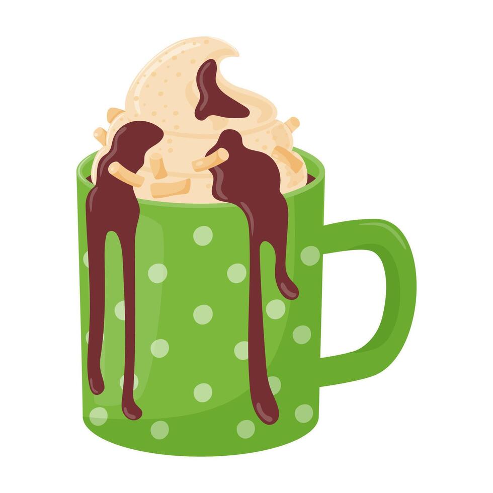 Cocoa with whipped cream, hot chocolate and marshmallows. Cozy winter drink. vector
