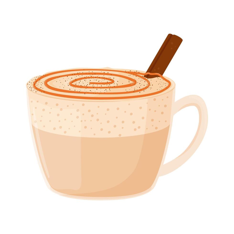 Caramel latte with cinnamon in a glass cup. Cozy drink. vector