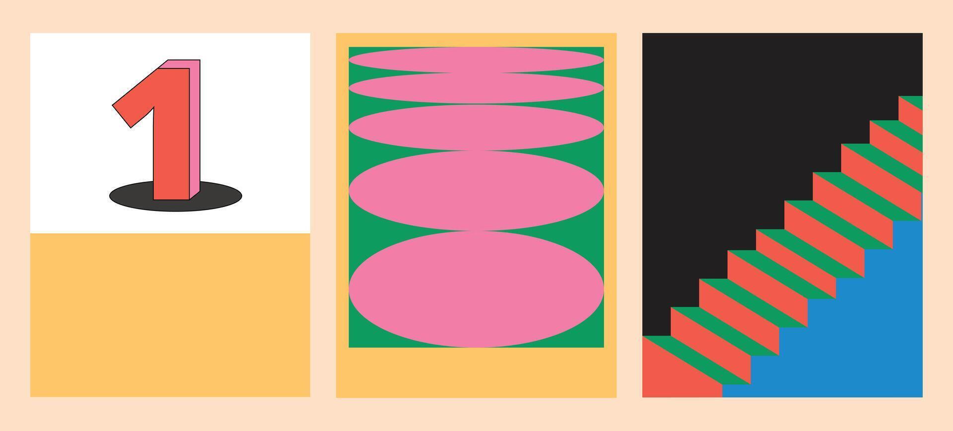 Illustration banner with number one , circle distortion and stairs retro style unique design vector