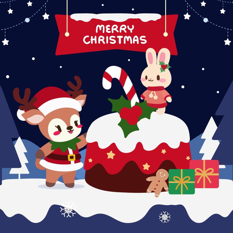 Christmas Celebration with Cute Reindeer and Bunny. Reindeer and Bunny with Christmas Cake. vector