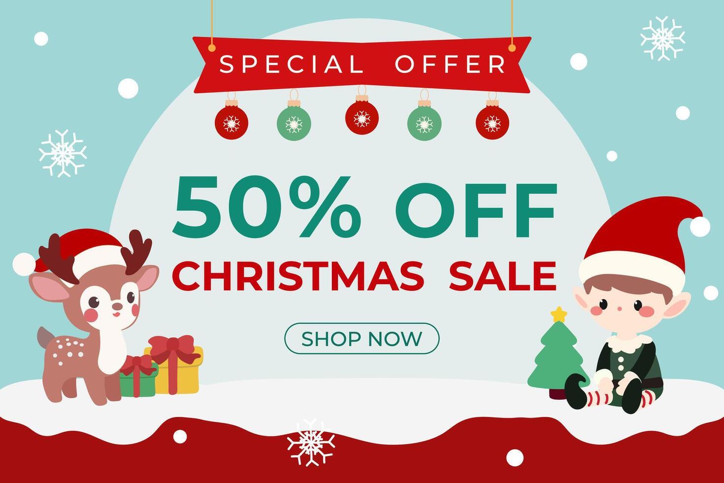 Christmas Sale Banner with Cute Reindeer and Elf Characters. Festive Christmas Promotion with Reindeer and Elf. Winter Wonderland Christmas Sale Ad Featuring Reindeer and Elf. vector