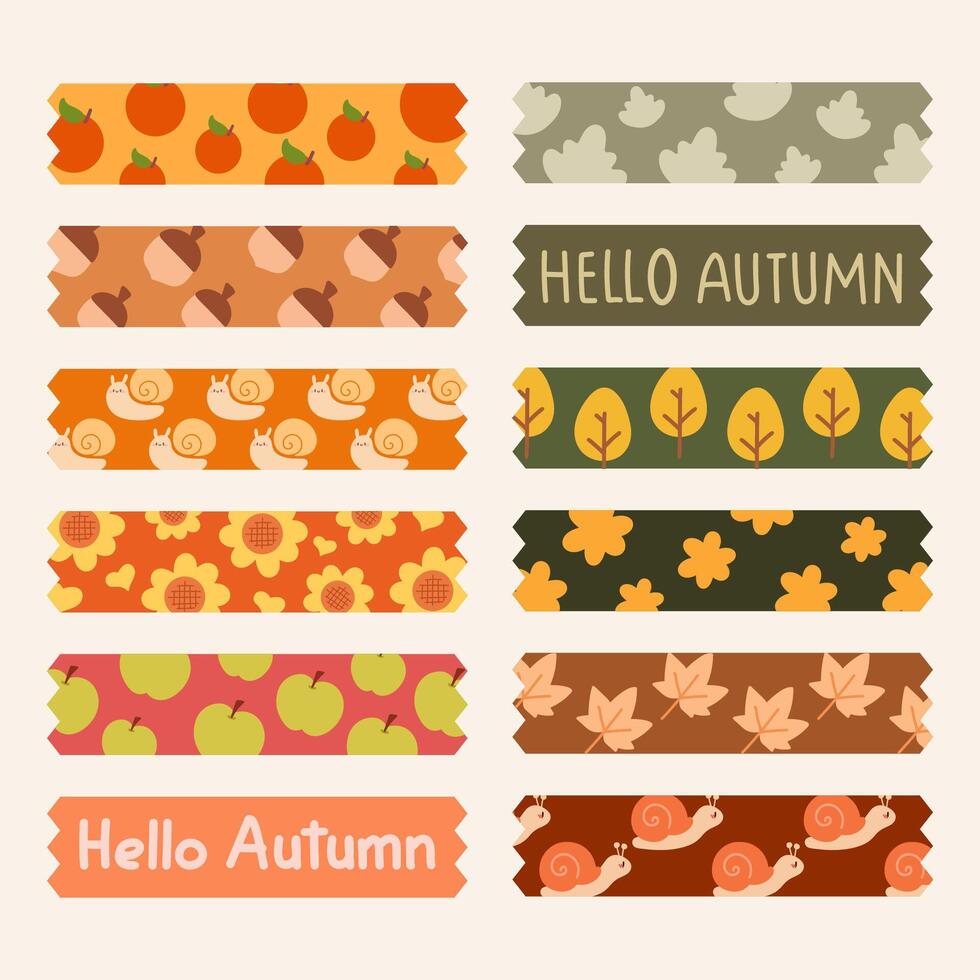 Autumn Themed Washi Tape Patterns Set for Scrapbooking.Hello Autumn Decorative Washi Tape with Cute Fall Designs. vector