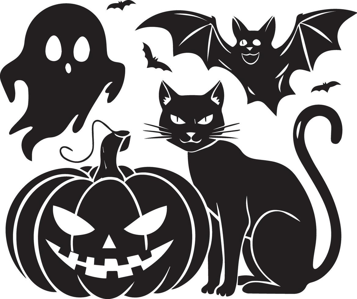 A creepy Halloween evil pumpkin, cat, bats and ghost designed for various companies. The design is eerie, haunting, and perfect for logos, posters, t-shirts, and other graphic projects vector