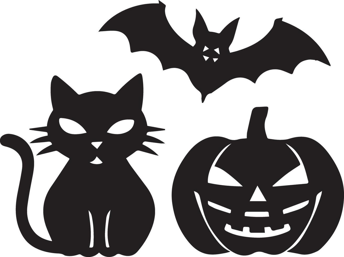 A Halloween creepy pumpkin, bat and cat icon created for various companies, showcasing a creepy, eerie, and haunting design. Ideal for logos, posters, t-shirts, and different graphic projects vector