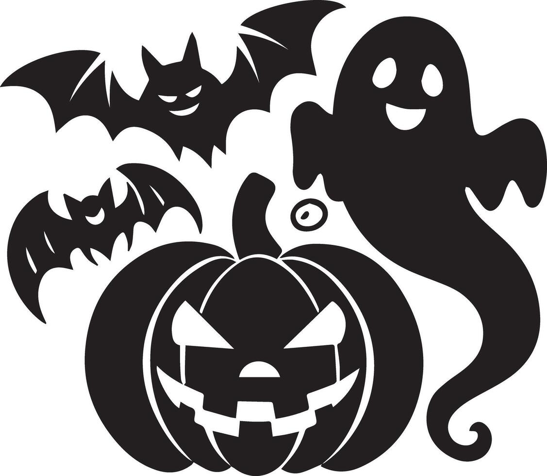 A Halloween pumpkin, bat and ghost icon designed for various companies. The design is eerie, haunting, and perfect for logos, posters, t-shirts, and other graphic projects vector
