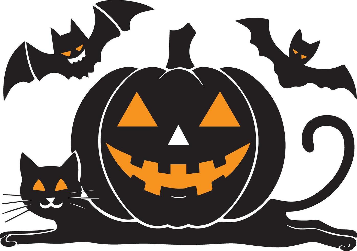 A Halloween creepy pumpkin and two bats with cat icon designed for various companies, showcasing a creepy, eerie, and haunting design. Ideal for logos, posters, t-shirts, and other graphic projects vector