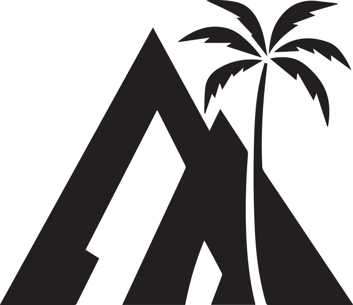 A minimalist black silhouette icon featuring a mountain range with a single tree. The mountain should have sharp, jagged peaks, with clean, bold lines to convey strength and majesty vector