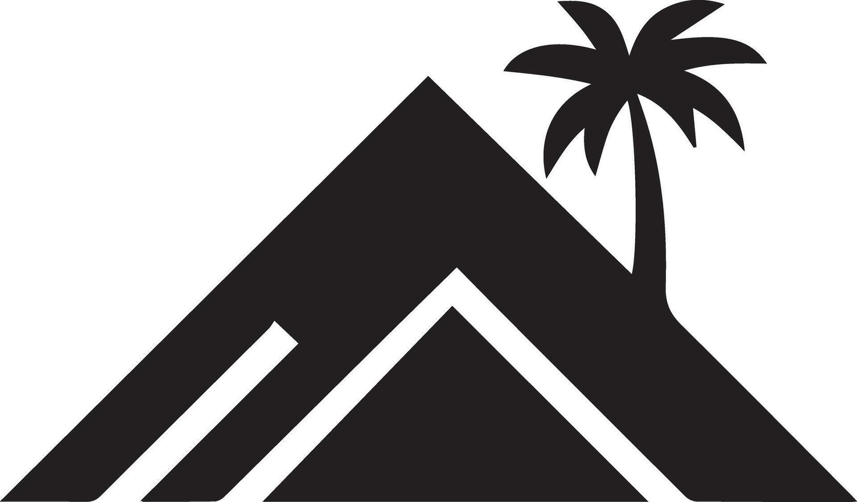 A minimalist black silhouette icon featuring a mountain range with a single tree. The mountain should have sharp, jagged peaks, with clean, bold lines to convey strength and majesty vector