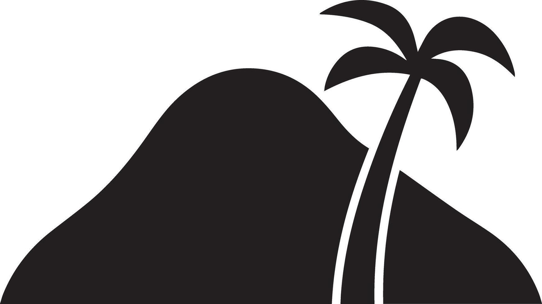 A minimalist black silhouette icon featuring a mountain range with a single tree. The mountain should have sharp, jagged peaks, with clean, bold lines to convey strength and majesty vector