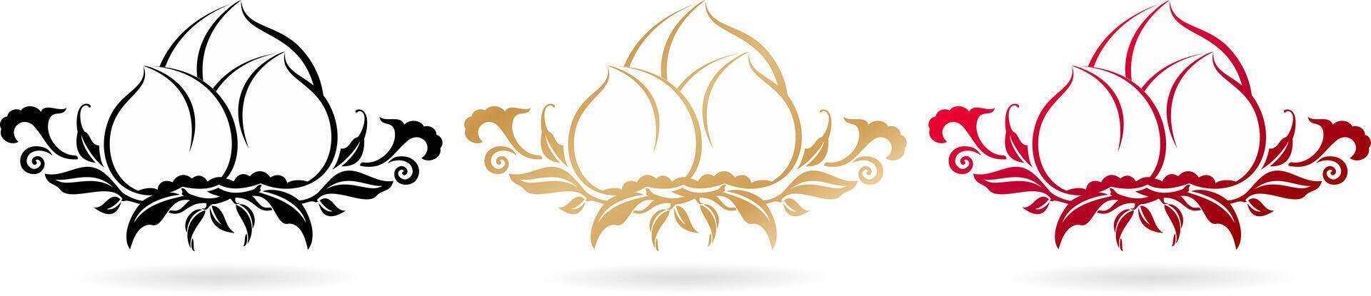 three set colors designs Fruit peach floral ornament isolated white backgrounds vector