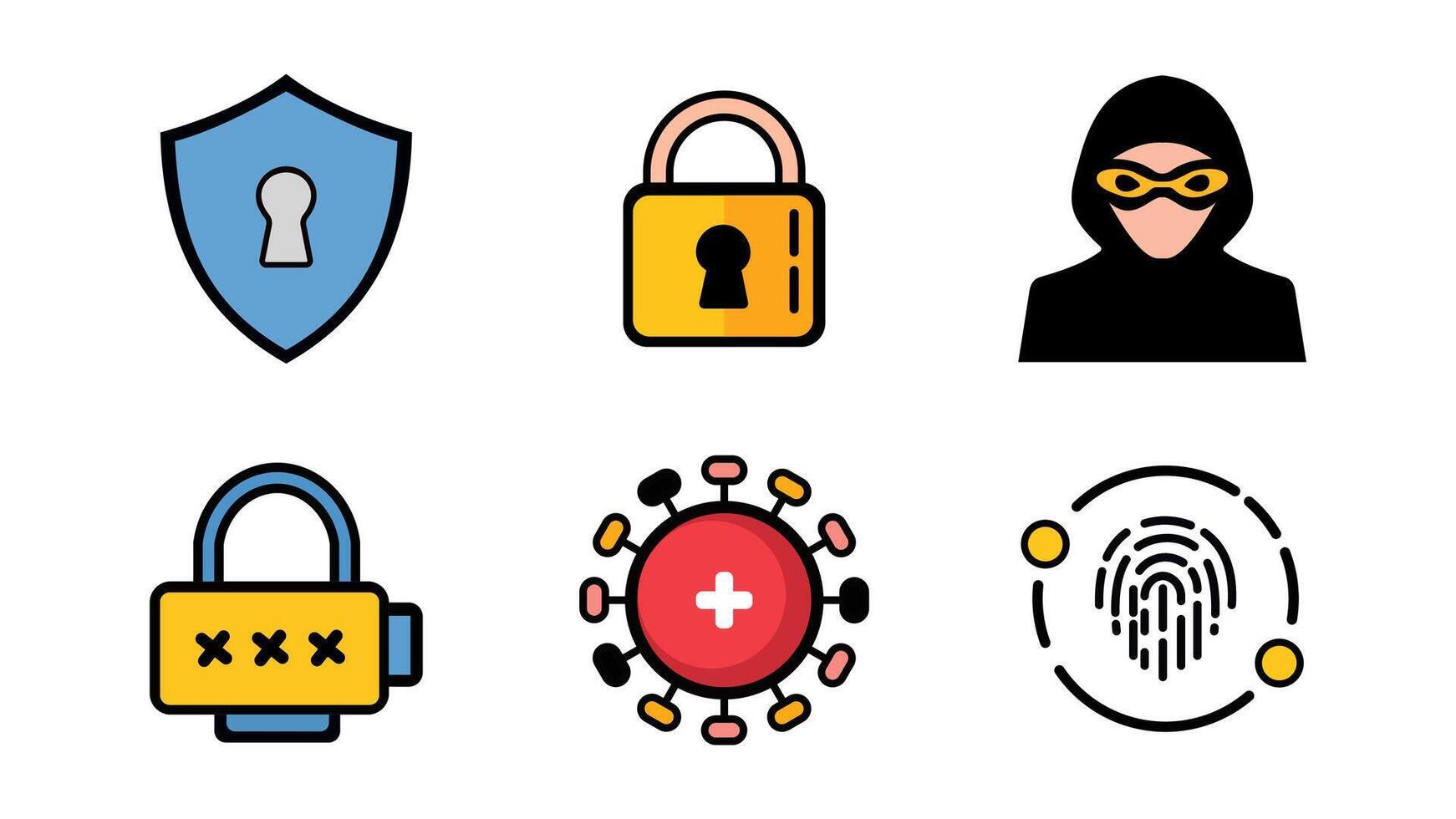 A set of icons that include a man in a mask, a lock, a key and a vector