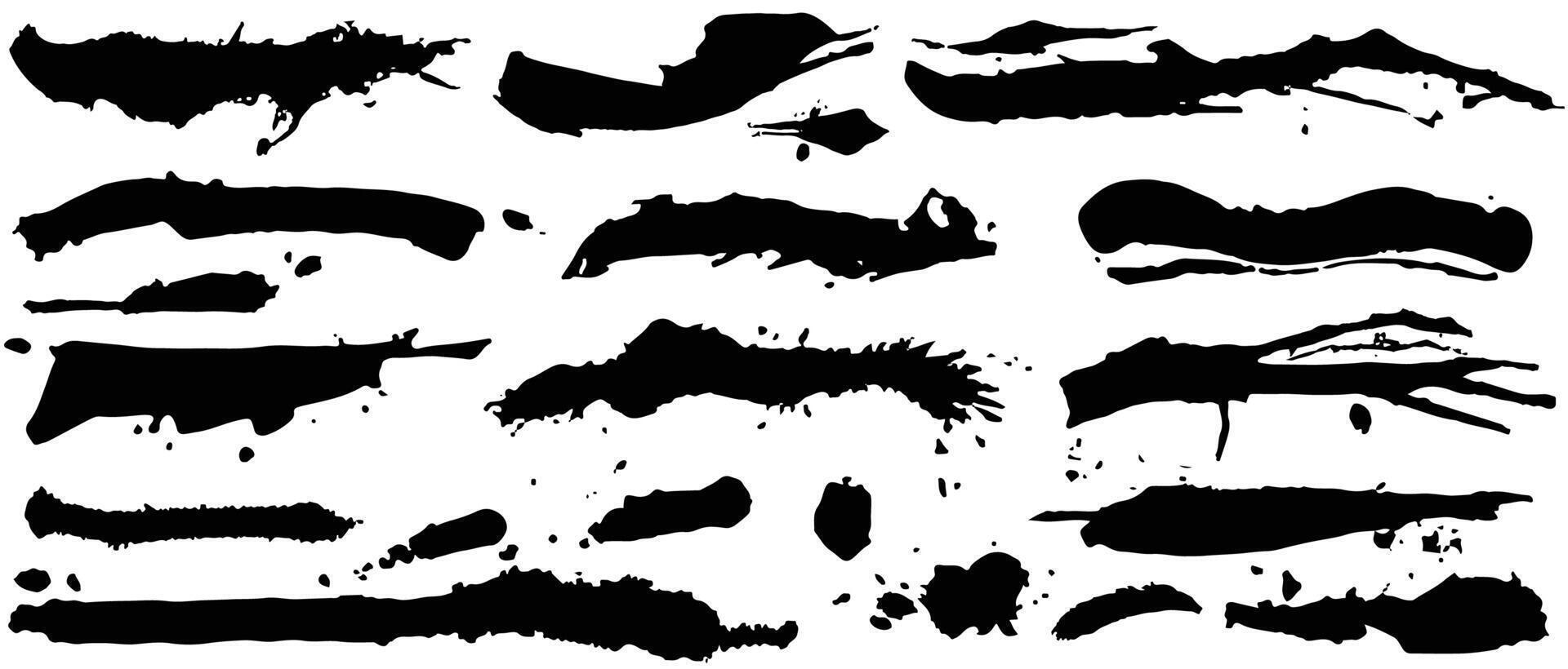 Brush strokes. Paintbrush set. Grunge design elements. Long text boxes. Dirty texture banners. Ink splatters. Dry hand drawn smear. Painted objects. vector