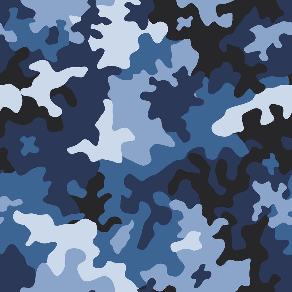 Military blue camouflage, war seamless texture. Camo pattern for army clothing, fabric hunting vector