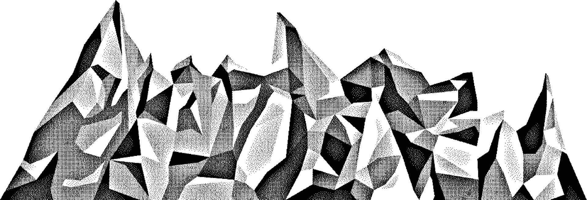 Monochrome mountains in pixel art style. Black and white halftone mountain ridges. Rocks isolated object. Landscape background vector