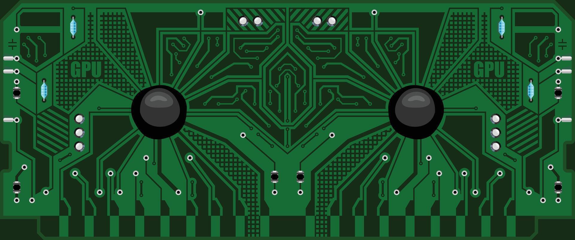 The computing module circuit Board. Green graphics card. Printed computer motherboard with microcircuit. Electronic background vector