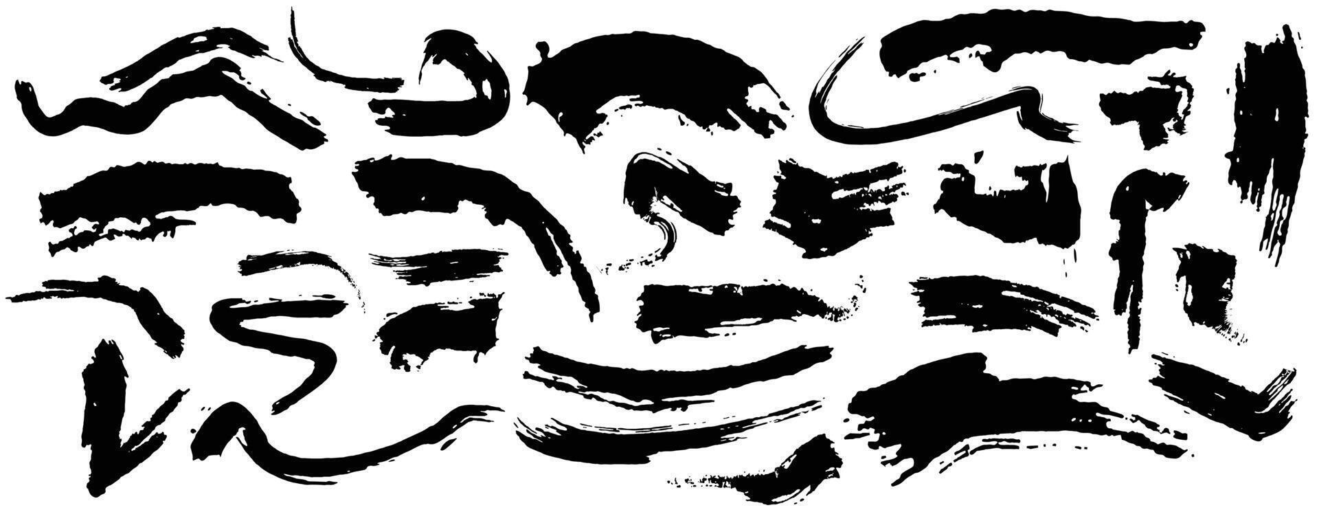 Grungy black paint hand made creative brush stroke set isolated on white background. vector