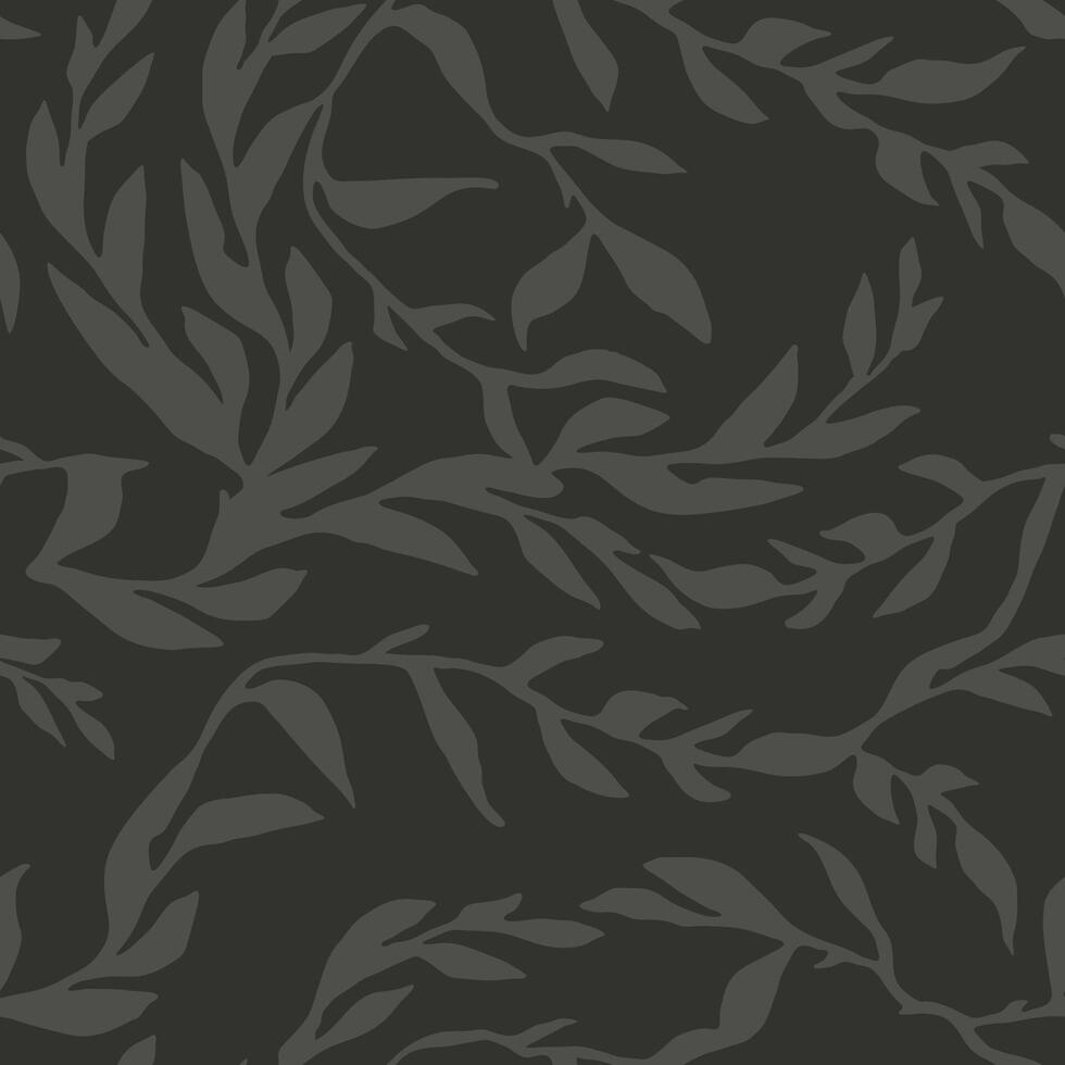 Hand drawn petals pattern. Seamless wavy leaf texture. Fabric print. Provence style black wallpaper. Grunge branches and herbs background vector