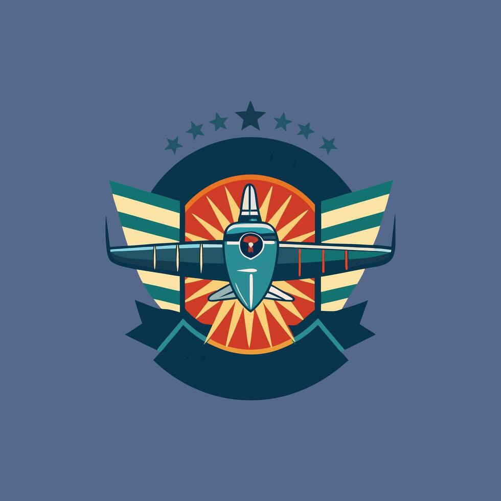 Retro airplane emblem with wings and stars vector