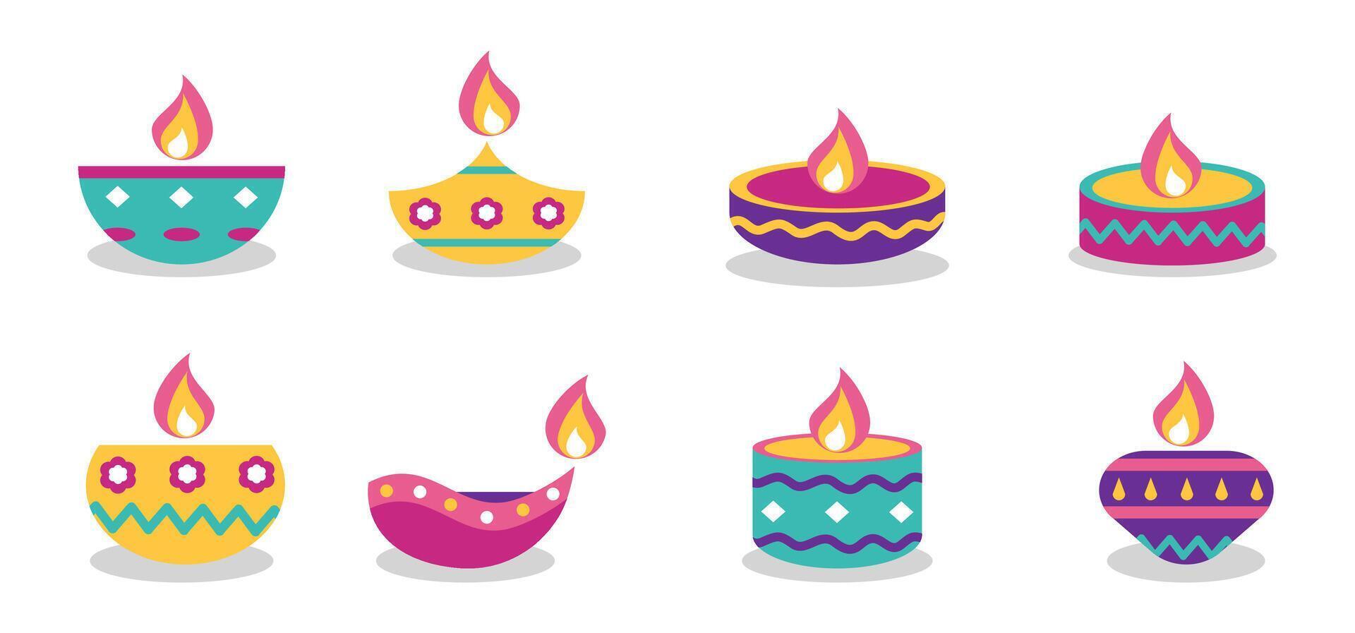 Set of traditional Diwali oil lamps isolated on a white background perfect for holiday decorations, greeting cards, and festival promotions. vector