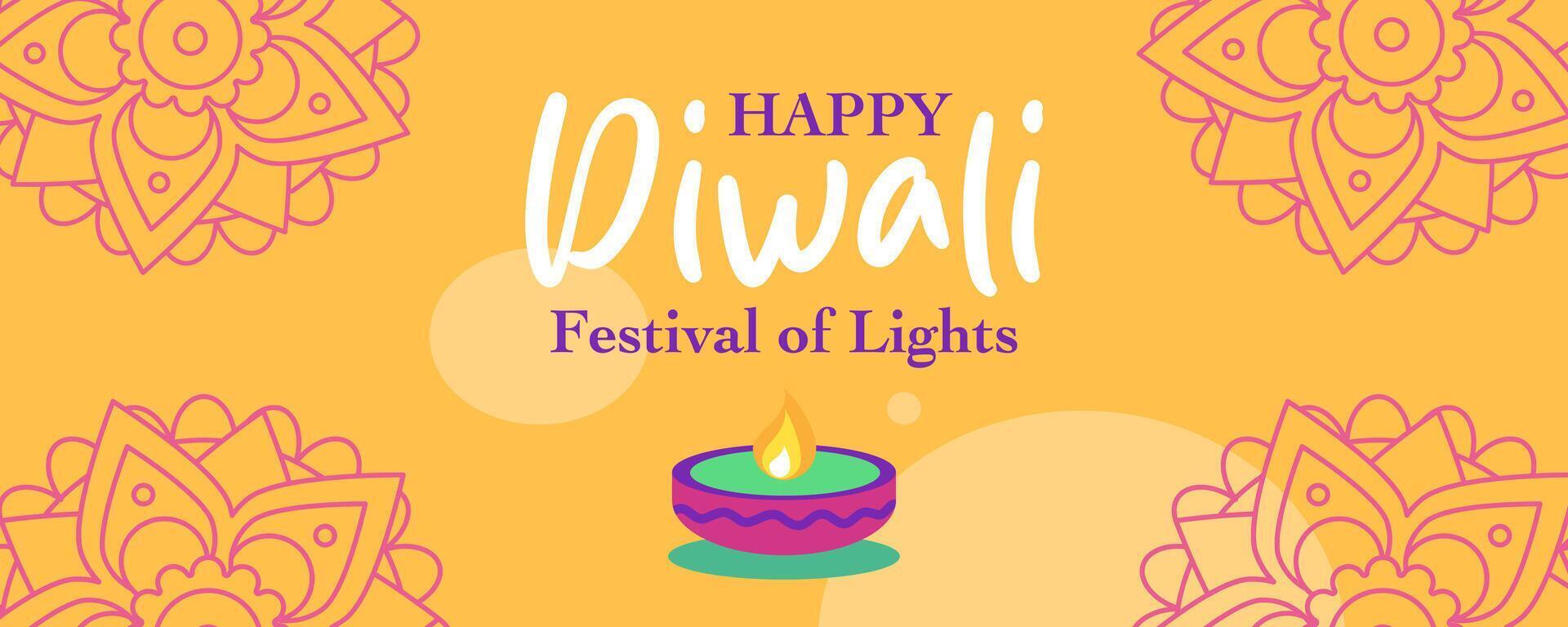 Diwali Hindu festival of lights background design with rangoli and oil lamps decoration for branding, social media, greeting card, web banner, cover, flyer or poster vector